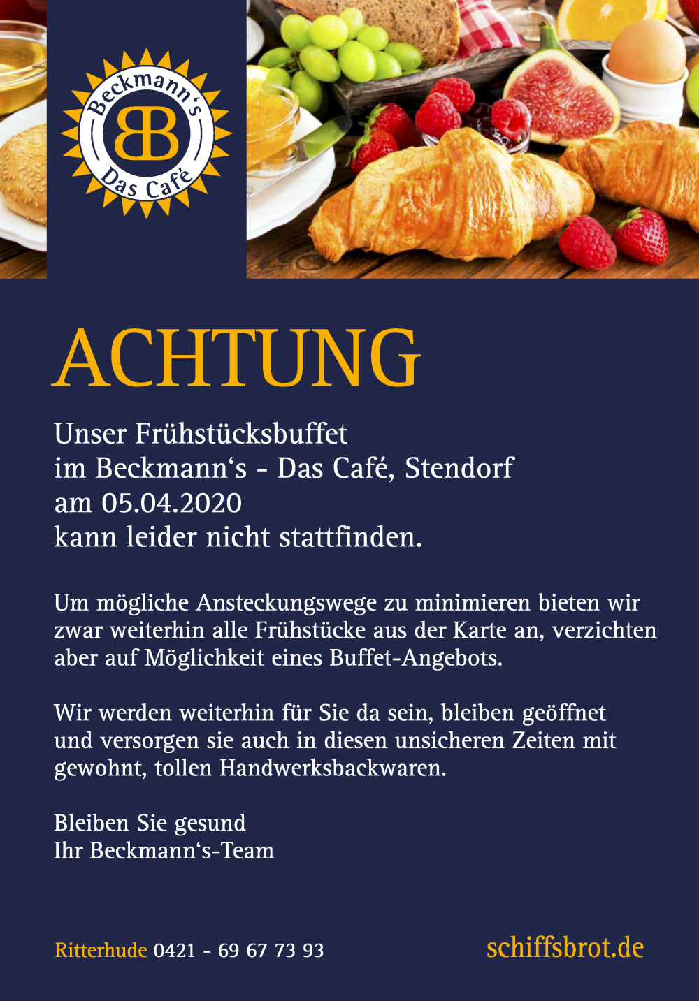 Frühstücksbuffet am 05.04.2020 fällt aus